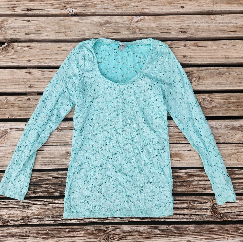 Vanity Aqua Blue Green Lace Shimmer Scoop Neck Lace Long Sleeve Top Small